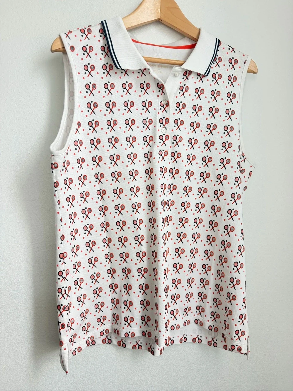 Tory Burch White Sleeveless Polo with Red & Navy Tennis Racket Print